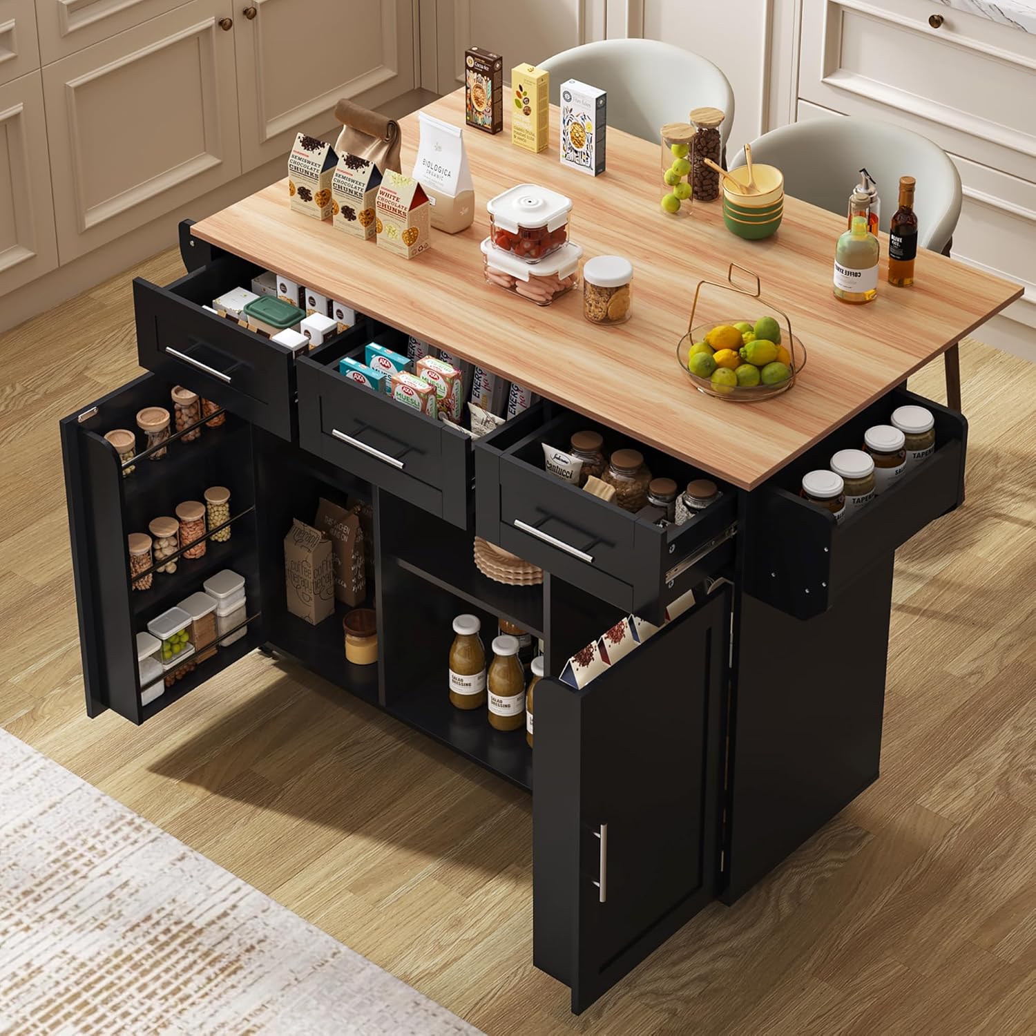Credenza, Isola della cucina con piano di lavoro pieghevole, piedini in legno massello intercambiabili, 2 armadietti, 139 x 46 (71) x 91,5 cm, Huayz