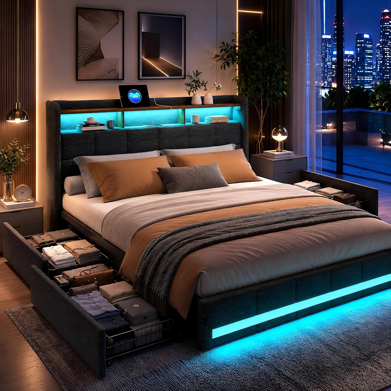 Letti, 4 Cassetti, Letto Contenitore 180x200, Letto Matrimoniale con Luci LED e Porte USB + Type-C, Testiera Imbottita in Lino con Doghe, BSCFHCZ